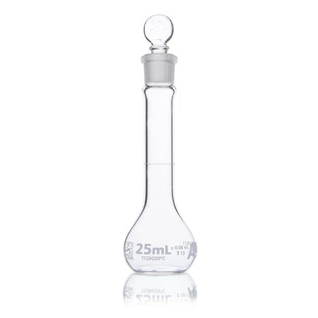 GLOBE SCIENTIFIC Flask, Volumetric, Wide Mouth, Globe Glass, 25mL, Class A, To Contain (TC), ASTM E288, 6/Box 8230025
